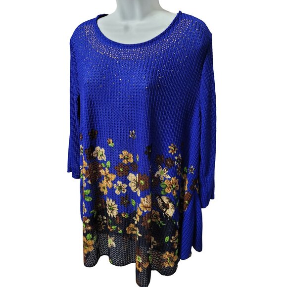 Blue Floral Womens Tunic Top XL Rhinestone Embellished 3/4 Sleeve Stretch - Picture 8 of 9